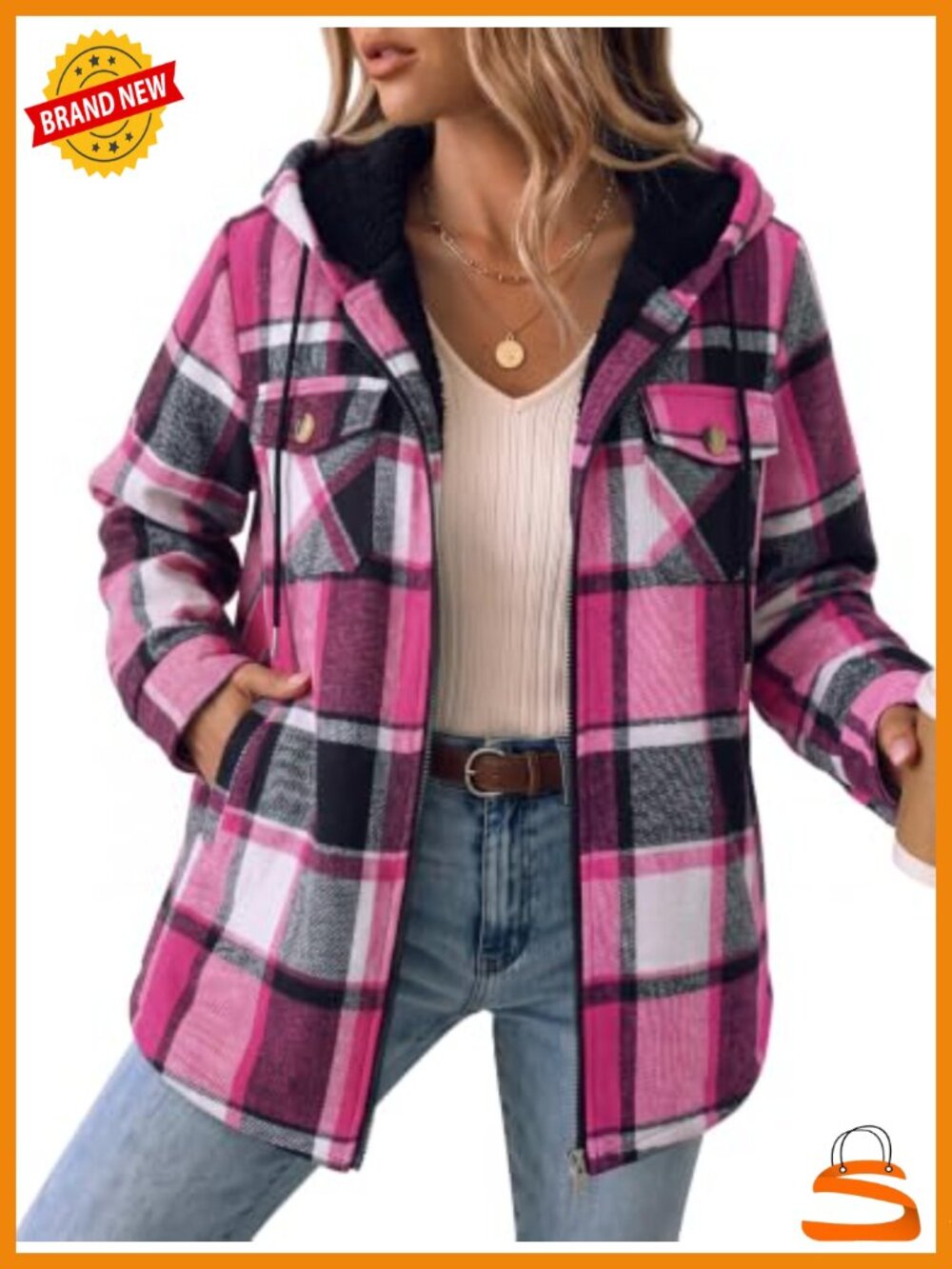 Womens Plaid Flannel Shacket Fleece Lined Hooded Zip Winter Coat